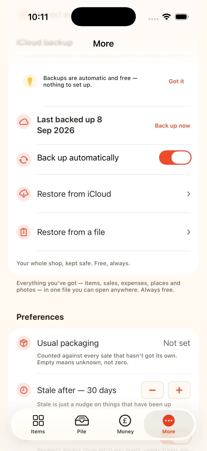RackHut backup settings: backups are automatic and free, last backed up 8 Sep 2026, restore from iCloud or a file