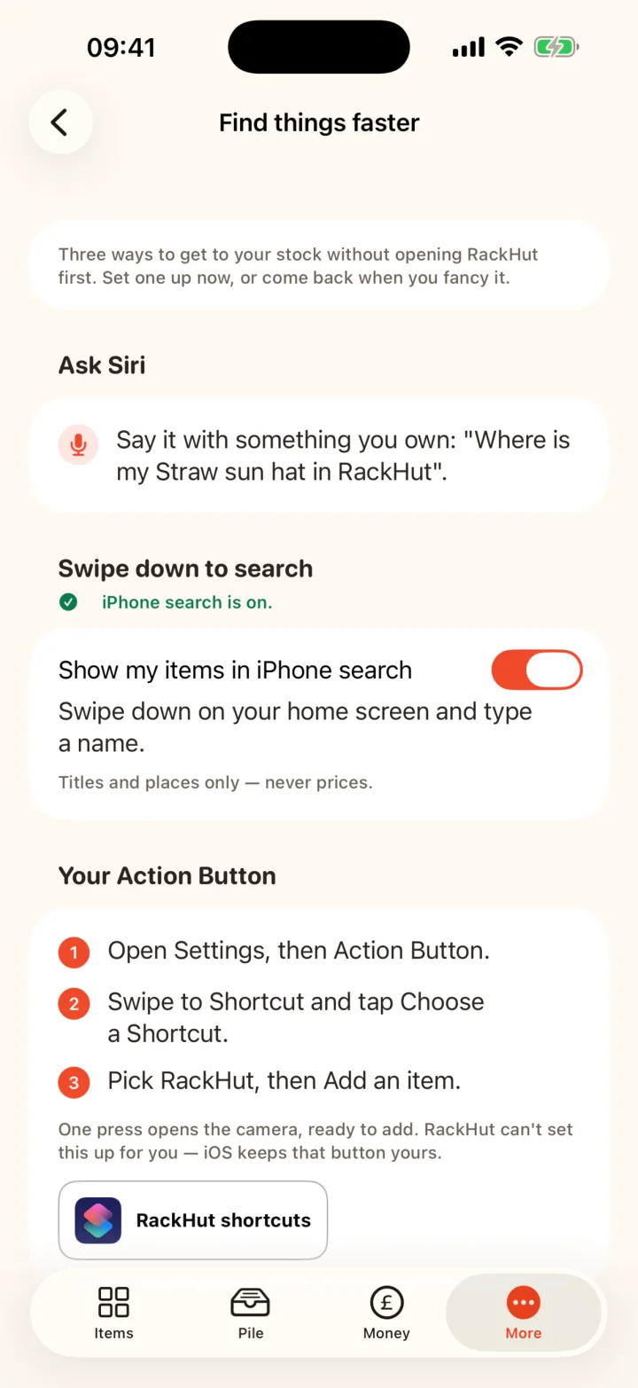 RackHut's Find things faster screen: ask Siri where an item is, swipe down to search, set up the Action Button