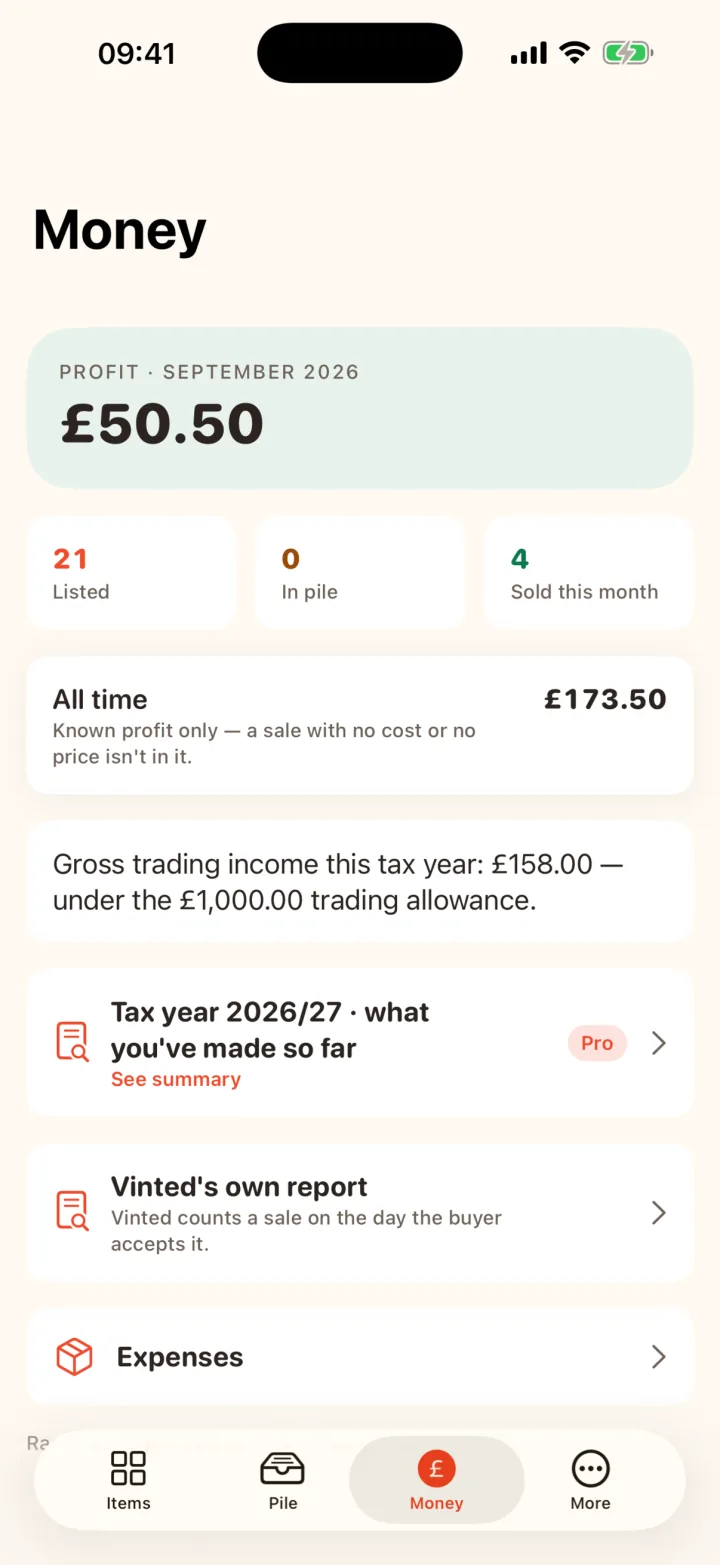 RackHut Money tab: profit for September £36.50, 22 listed, 3 sold this month, all-time £165.50, trading allowance line