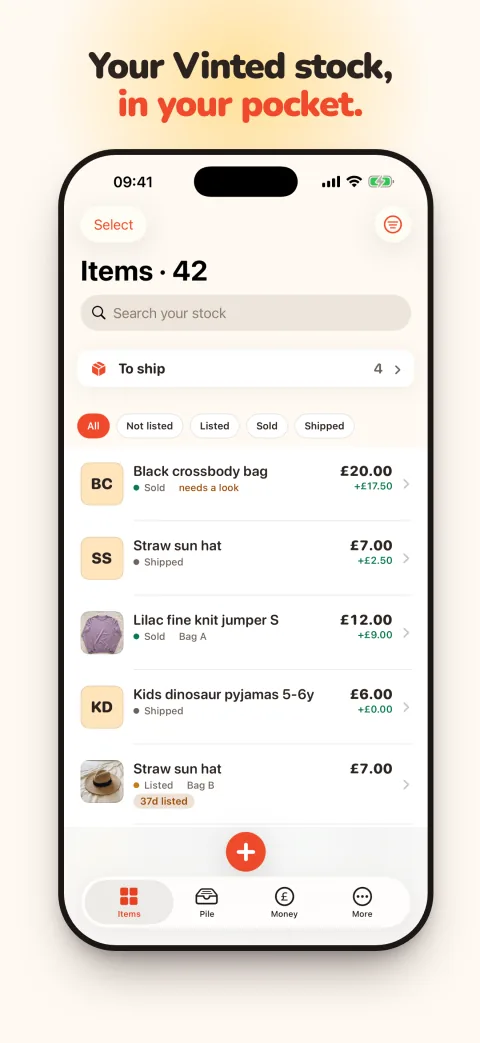 RackHut's Items screen: a 42-item shop with photos, prices and profit, and a To ship row