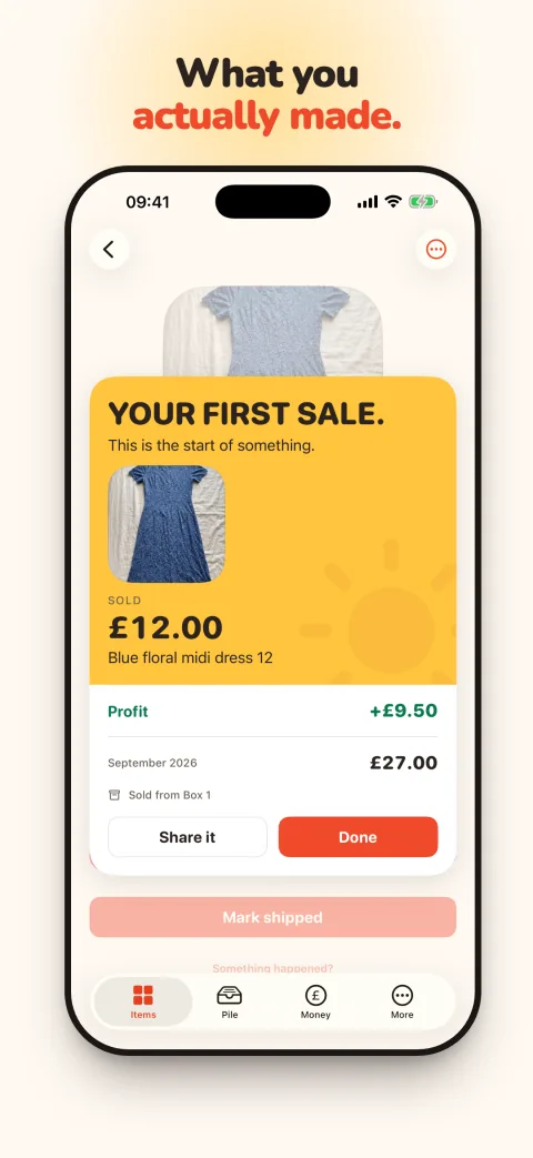 RackHut's receipt for a sale: sold for £12.00, profit £7.00, with Share it and Done buttons