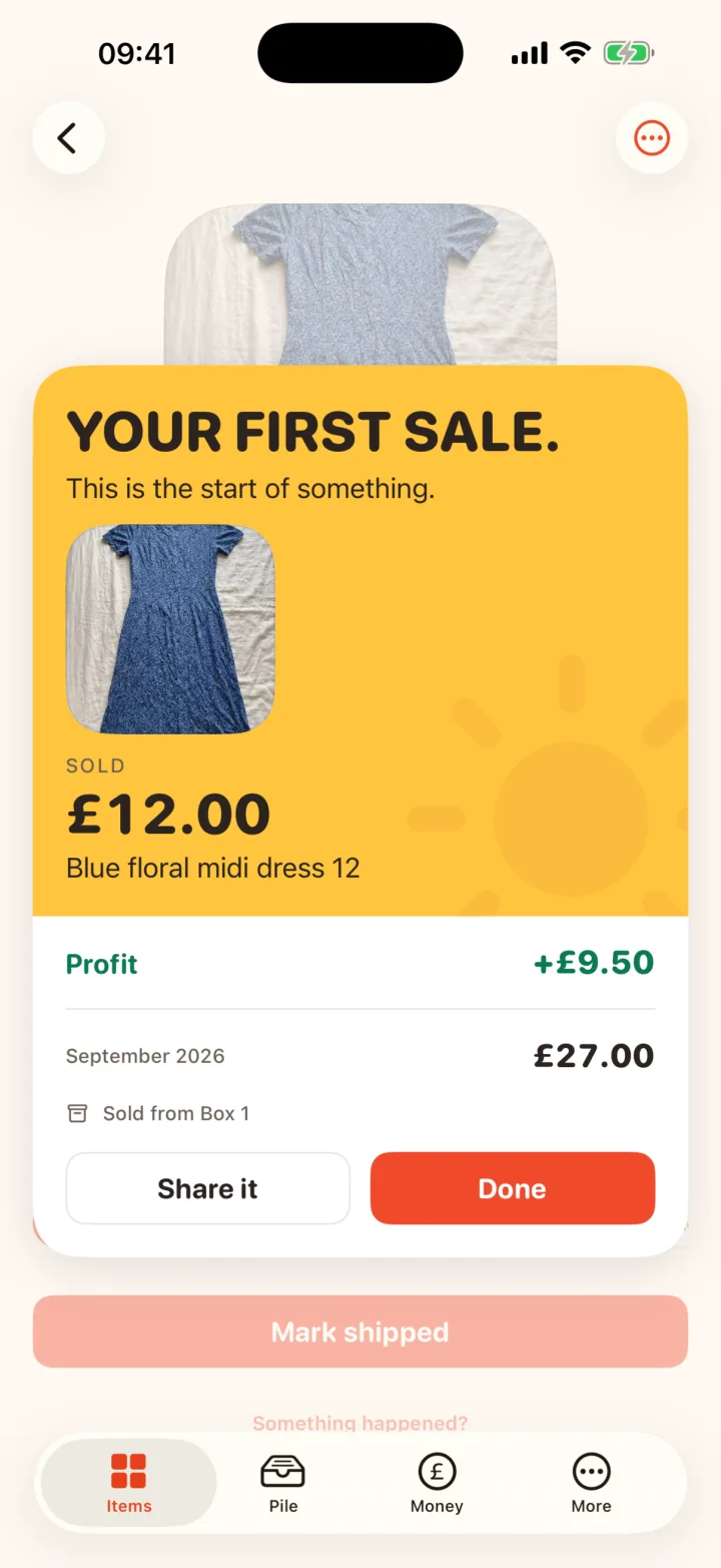 RackHut receipt for a first sale: a blue floral dress sold for £12.00, profit £7.00, with Share it and Done buttons