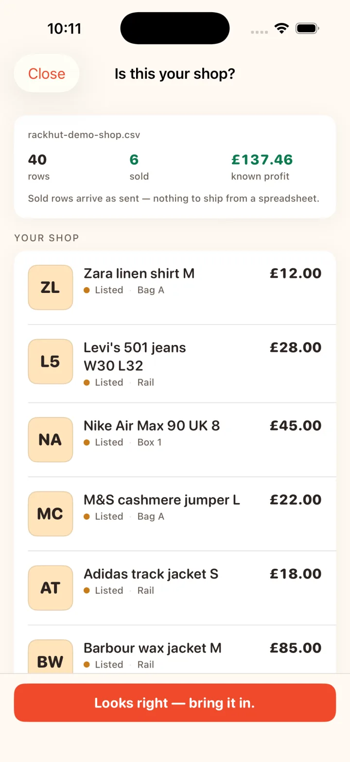 RackHut previewing a spreadsheet import: 40 rows, 6 sold, known profit, and the first items of the shop