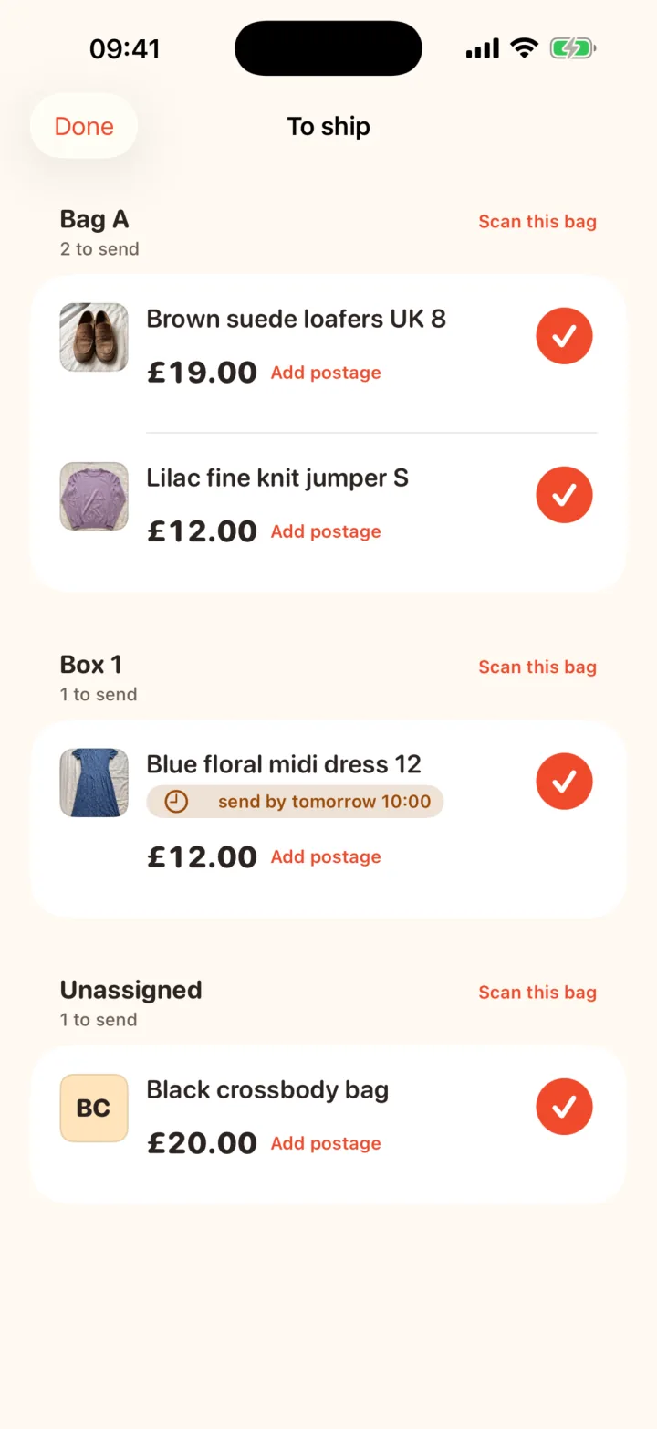RackHut's To ship list grouped by bag, each item with its photo, price and send-by deadline