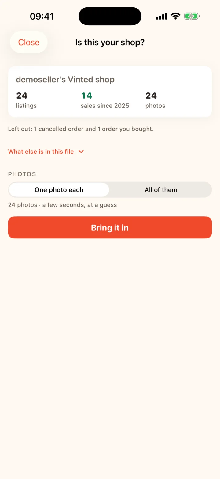 RackHut reading a Vinted data file: 24 listings, 14 sales and 24 photos found, with a Bring it in button