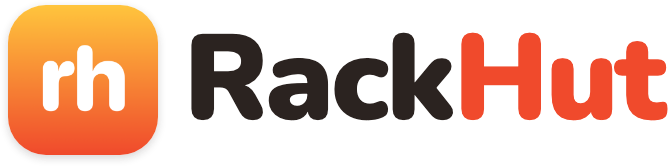 The RackHut wordmark: the icon beside the name, Hut in coral